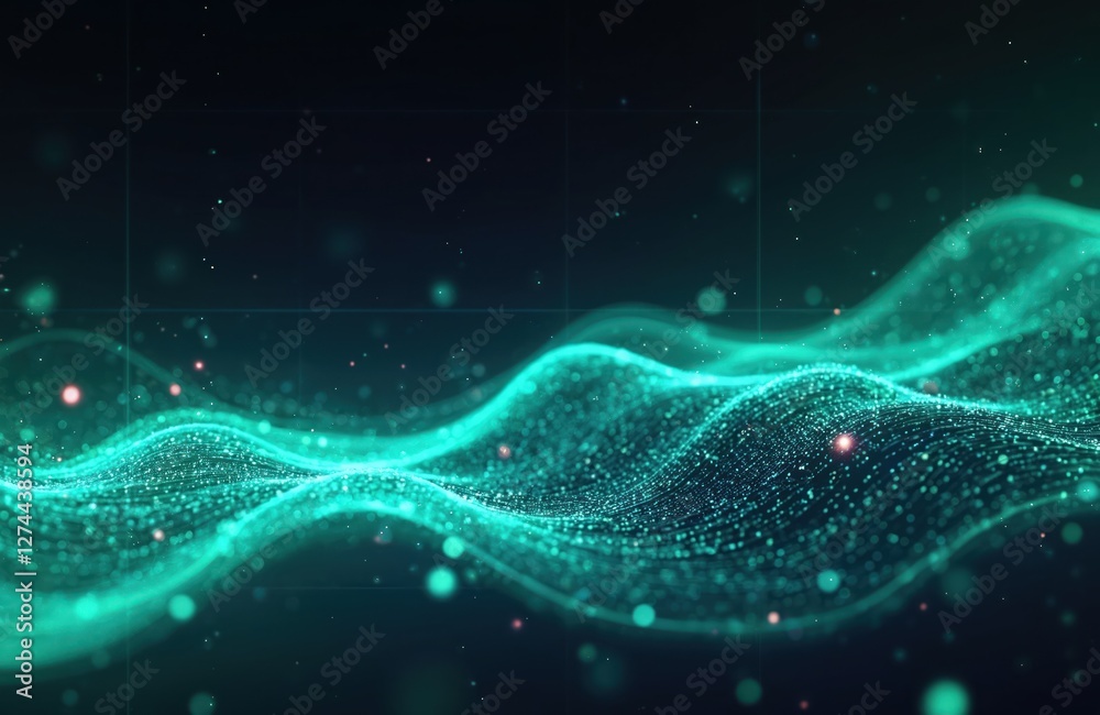 Poster abstract futuristic background with blue green glowing lines, bokeh lights. data transfer concept wa