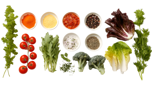 Fresh Organic Vegetables Herbs and Spices, Healthy Cooking Ingredients for Salads and Recipes, isolated on transparent background.