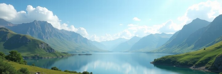 A breathtaking panoramic view of serene mountains and a crystal-clear lake under a bright blue sky, perfect for nature-themed projects and travel promotions.