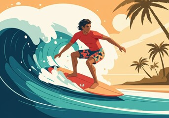 Surfer riding a wave at sunset, capturing the essence of summer fun