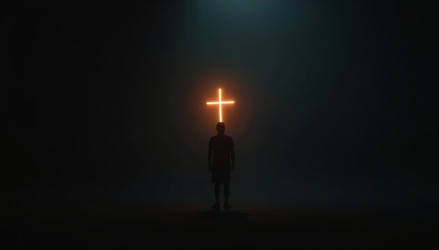 Person stands in darkness holding glowing cross symbol of faith. Light beams down on man in silhouette. Hope for overcoming challenge through religion, divine belief, sacred prayer.