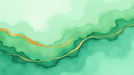 Abstract green and gold flowing waves.