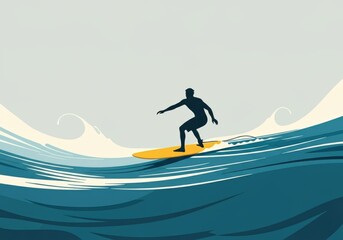 Surfer riding a wave on a yellow surfboard against a calm ocean backdrop