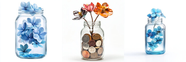  Set of a jar with blue flowers, Retirement savings visualized as flowers growing from blue wather in a clear glass jar serene and optimistic isolated on a transparent background