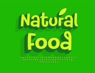 Naklejka premium Vector Green label Natural Food with decorative Leaf. Handwritten 3D Font. Trendy Cool Alphabet Letters and Numbers set.