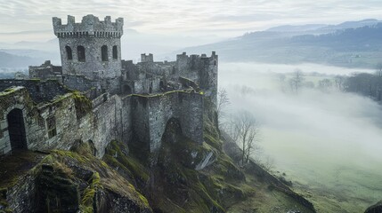 Ancient Medieval Fortress Surrounded by Misty Landscape