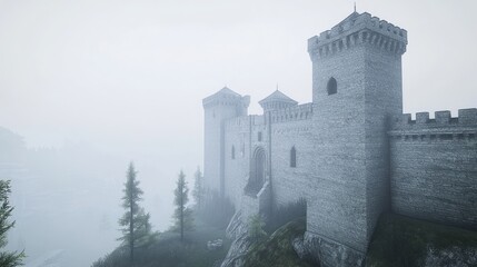 Fototapeta premium Medieval Fortress Surrounded by Misty Landscape and Stone Walls