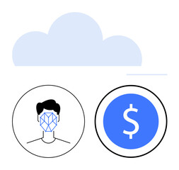Cloud icon with facial recognition and dollar sign inside circular elements. Ideal for technology, biometrics, cloud computing, payments, identity, security, AI, abstract line flat metaphor