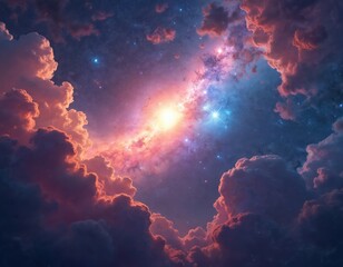 Illustration of galactic space elements with nebula cosmic sky. Cosmos with clouds, stars, outer space. Mystical deep dust night with magic dark field. Alien light heaven stellar bright graphic