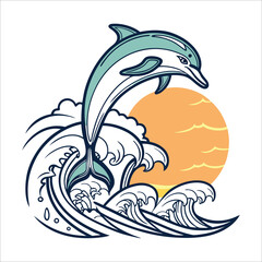 Naklejka premium Jumping Dolphin Over Ocean Waves at Sunset