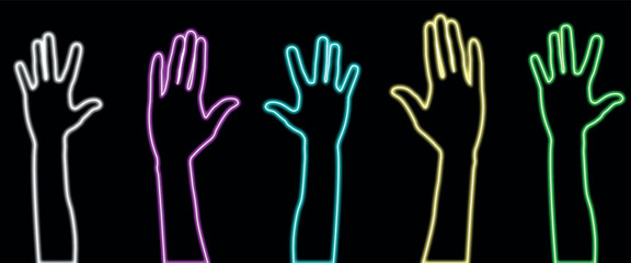 Raised neon hands of volunteers from diverse ethnic groups, symbolizing unity and support. Paper cut style. Vector. Banner.