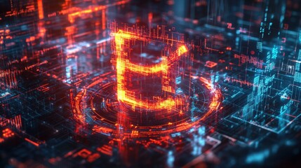 Obraz premium Abstract Digital Letter E Futuristic digital illustration showing an abstract glowing 'E' in red on a complex circuit board background with blue light effects.