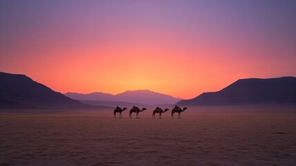 Obraz premium Silhouette of camel caravan crossing desert at sunset with mountains in background. Desert safari tourism view with orange and purple sky. Desert transportation scene with copy space