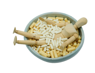 Wooden manikin drowning in pills. Bowl of dietary supplement capsules. Nutrition, supplement dependency, doping, holistic fitness.