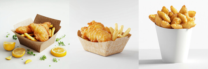 Set of a box of fried fish and fries, Beautiful Fish and chips mockup in 3d without isolated on a transparent background