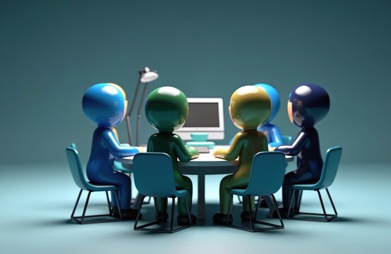 Illustration of it engineers learning hacking. Cartoon characters sitting at table with computer, monitor. Team discusses network security, ethical hacking, data protection, firewall implementation.
