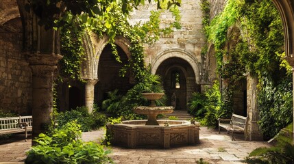 Fototapeta premium Serene Medieval Stone Courtyard Surrounded by Lush Greenery
