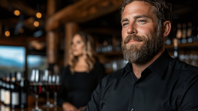 Bearded caucasian man bartender in black shirt at wine bar counter with bottles background. Restaurant staff portrait. Professional hospitality service and wine tasting concept