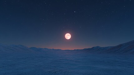 Full moon rising over snowy mountain landscape at night. Winter evening scenery with pink moonlight illuminating snow covered peaks. Arctic nature panorama with copy space