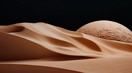 Sand dunes in desert landscape at sunset with curved lines and smooth textures against dark sky....