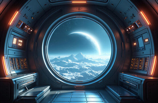 Bright spaceship interior with planet view. Sci-fi space station inside with control panel, screens, equipment. Spacecraft cabin with futuristic tech. Generative AI illustration with cosmic,