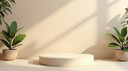 Minimalist setting with sunlight and plants cast shadows on a beige wall.