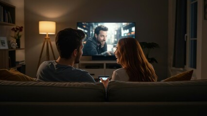 A couple enjoying a cozy movie night together at home.