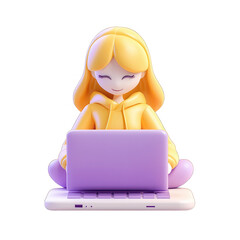 A 3D model of a cartoon girl with blonde hair sitting cross-legged while typing on a purple laptop. She appears cheerful and engaged in her work.