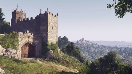 Medieval Castle Perched on Hill Surrounded by Lush Green Landscape