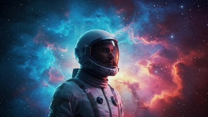 An astronaut against a vibrant cosmic nebula backdrop, symbolizing exploration.