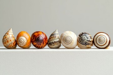 A charming lineup of Achatina snails peers over a clean white table. Their elegant, spiral shells display diverse patterns, showcasing an engaging study of size and natural design.