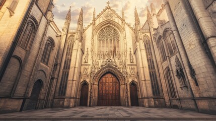 Obraz premium Majestic Medieval Cathedral Facade with Intricate Details at Dusk