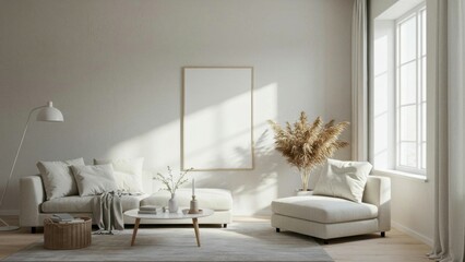 Fototapeta premium A cozy minimalist living room filled with natural light and soft decor.