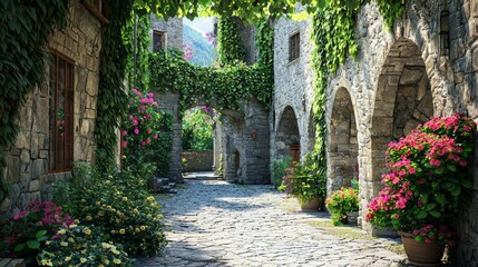 Tranquil Medieval Stone Courtyard with Lush Greenery and Flowers
