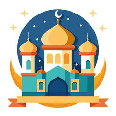 Ramadan Kareem banner, poster, greeting card, cover design with mosque, crescent moon, stars and typography in flat geometric style. vector illustation