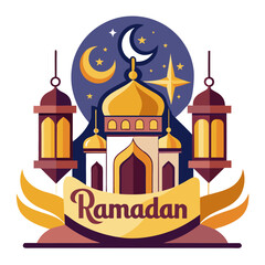 Fototapeta premium Ramadan Kareem banner, poster, greeting card, cover design with mosque, crescent moon, stars and typography in flat geometric style. vector illustation