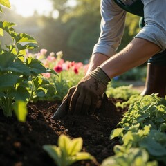 Fototapeta premium Dedicated gardener planting seeds in soil, peaceful atmosphere, sunny garden