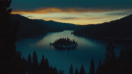 Serene Island Sunset Over Mountain Lake