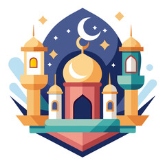Ramadan Kareem banner, poster, greeting card, cover design with mosque, crescent moon, stars and typography in flat geometric style. vector illustation