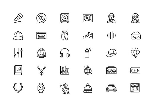 Black and White Hip Hop Icons Urban Outline. Street Culture Icons Set