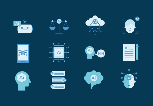 Blue and White Generative AI Icons Futuristic Digital. AI Technology Icons Set