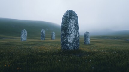 Ancient standing stones on misty scottish field at dawn. Mysterious megalithic monuments in foggy highland meadow. Historical heritage site with mystical celtic atmosphere and copy space