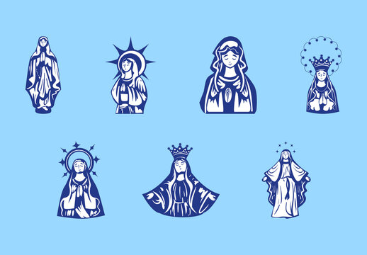 Blue Virgin of Lourden Religious Sacred Art. Holy Mary Illustration Set