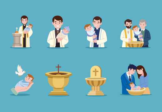 Colorful Baptism Baby Religious Ceremony. Christian Sacrament Illustration Set