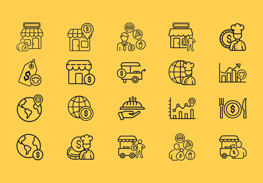 Yellow Outline Food Business Economy Finance Icons Set