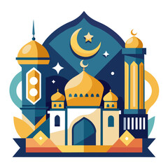 Ramadan Kareem banner, poster, greeting card, cover design with mosque, crescent moon, stars and typography in flat geometric style. vector illustation