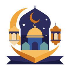 Ramadan Kareem banner, poster, greeting card, cover design with mosque, crescent moon, stars and typography in flat geometric style. vector illustation