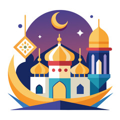 Ramadan Kareem banner, poster, greeting card, cover design with mosque, crescent moon, stars and typography in flat geometric style. vector illustation