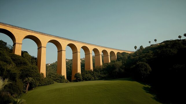 Historic stone railway viaduct bridge with multiple arches at sunset over green meadow in countryside landscape. Ancient transportation architecture with copy space for text - Powered by Adobe