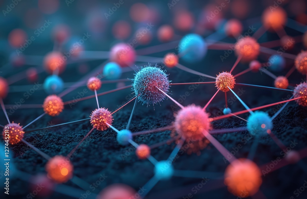 Poster abstract illustration of network structure with pink, blue spheres connected by lines. concept for t